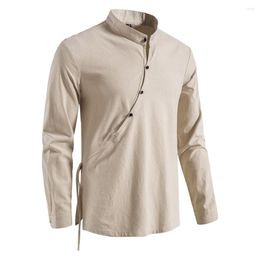 Men's T Shirts 2023 Casual Blouse Cotton Linen Shirt Tops Long Sleeve Tee Spring Autumn Slanted Placket Vintage Yoga