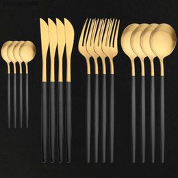 16pcs Western Black Gold Cutlery Set Knife Fork Spoon Matte Dinnerware Stainless Steel Western Tableware Household Home Flatware L230704