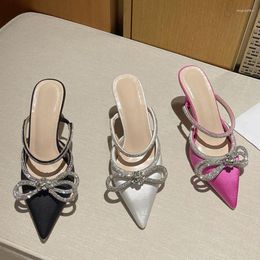 Dress Shoes White Thin High Heels Mules Slippers Crystal Bowknot Satin Summer Rhinestones Stiletto Sandals Women Pumps