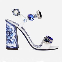 Block heel Sandals Crystal decoration Printing open toe heels women's designers Patent Leather outsole Fashion Evening Paty shoes With Box