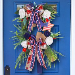 Decorative Flowers American Independence Day Simulation Wreath Door Hanging Holiday Window Decoration Bow Rattan Circle