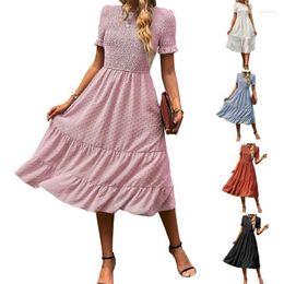 Casual Dresses Womens Smocked Dress Short Sleeve Swiss-Dot Swing Flowy Ruffle Hem Mini Summer