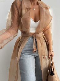 Women's Jackets 2022 Women Fashion See Through Outdoor Tops Lace Up Spring Solid Sheer Mesh Long Sleeve Buttoned Coat With Belt Elegant Shirts L230724