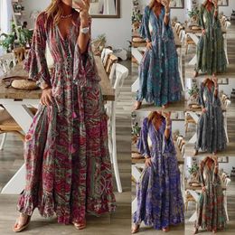 Boho Chic bedrucktes Urlaubskleid mit V-Ausschnitt und hoher Taille und ausgestellten Ärmeln, florales Maxikleid für Damen