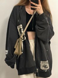 Women's Hoodies Sweatshirts HOUZHOU Grunge Gothic Oversized Gray Women Hoodie E Girl Patchwork Black Sweatshirts 90s Vintage Style Autumn Zip-up Crop Tops 230721