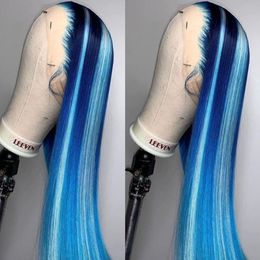 Straight Highlight Blue Lace Frontal Wigs Human Hair Wig For Women Brazilian Glueless Full Lace Front Wig Synthetic Heat Resistant