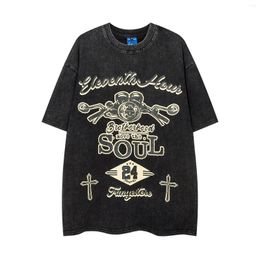 Men's T Shirts Vintage Letter Printing Washed Short Sleeve T-shirt Mens Fashion Streetwear Dark Black Loose Casual Tshirt Male Clothes