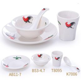 Dinnerware Sets Plate Bowl Cup Spoon Cock Pattern Creative Melamine Tableware Anti- Dishes And Plates For El Buffet