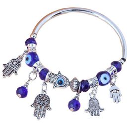 Beaded Turkey Blue Evil Eye Palm Chakras Bracelets For Women Men Cuff Elastic Strand Beads Charms Bracelet Fashion Jewelry Drop Delivery