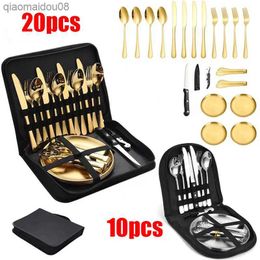 10PCS-20PCS Camping Tableware Set Portable Cutlery Kit Stainless Steel Picnic Gold Disc Steak Knifes Forks Spoon Set with Bag L230704