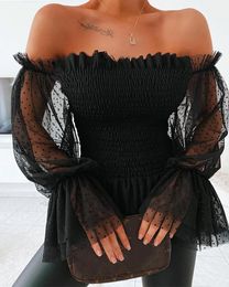 Women's Tanks Camis wsevypo Sexy Off Shoulder Blouse Women Mesh Flare Sleeve Shirts Summer Fashion Sheer Long Lace Frill Blouser Tops 230721