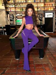 Women's Two Piece Pants ZHYMIHRET Knitted Half High Neck Crop Top And Hollow Out Pencil Sets Women 2023 Summer Lace Up 2 Set Y2K Streetwear