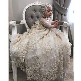 White Ivory Christening Gown for Little Kids O Neck Long Sleeve Lace Pearls First Communion Dress Toddler Infant Baptism Gowns200r