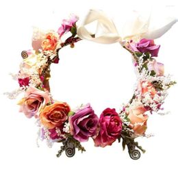 Decorative Flowers Spring Bohemian Crowns Beach Hawaii Floral Garland Romantic Faux Rose Wedding Wreaths Flower Headband Bride Hair Access