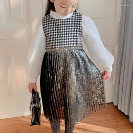 Girl Dresses Baby Luxury Houndstooth Silver Vest Dress Kids Sleeveless Rhinestone Sequined Tassel Birthday Party