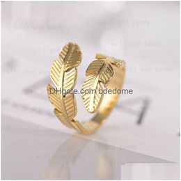 Band Rings Stainless Steel Angel Wing Feather Ring Adjustable Wrap Hip Hop For Women Men Fashion Fine Jewelry Will And Sandy Drop Deli Dhbay