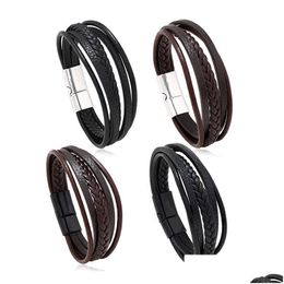 Charm Bracelets Pu Leather Braided Wrap For Men Vintage Handmade Bracelet Women Ethnic Magnet Buckle Wristbands Drop Delivery Jewellery