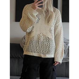 Women's T Shirts Distressed Crochet Star Sweater Pullovers Oversized Loose Holes Knitted Jumper Smock Harajuku Streetwear 90s