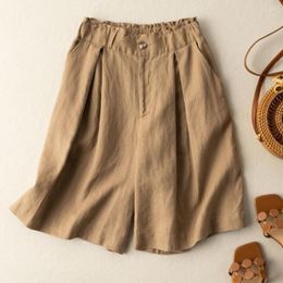 Women's Shorts Women Linen Summer Casual Elastic Waist White Solid Basic Loose Wide Leg Cotton Lady High Short