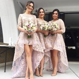 Jewel Neck Country Boho Wedding Guest Bridesmaid Dresses Modest Plus Size Lace 2020 High Low Half Sleeve Maid Of Honor Gowns Forma261a