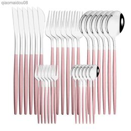 6Set/30Pcs Pink Silver Dinnerware Set Stainless Steel Knife Ckae Fork Spoon Cutlery Set Tableware Silverware Set Dropshipping L230704