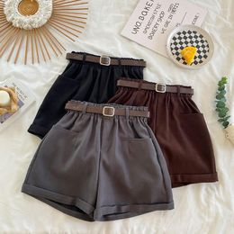 Women's Shorts 2023 Autumn Winter Belt High Waist Solid Color Outer Wear Wide Leg Fashion All-Match Casual Boots Woman