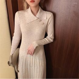 Casual Dresses Herstory Shiny Knitted Buttons Long Dress Women 2023 Autumn Winter Sleeve Solid Slim Korean Fashion