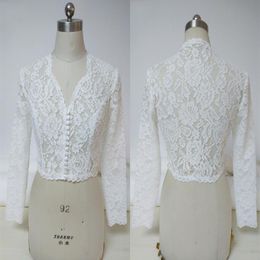 2022 Sexy V neck Wedding Bridal Jackets Bolero with Button Lace 3 4 Long Sleeves Wrap For Wedding Dress Gowns Plus size264M