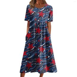 Casual Dresses Women Independence Day Printed Summer Pleated Round Neck Midi Basic Short Sleeve