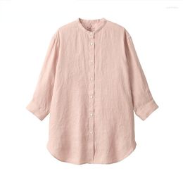 Women's Blouses Solid Color Unprinted Washed Linen Shirt Three Quarter Sleeve Tunic Long Top Ladies Loose Thin Cardigan Women