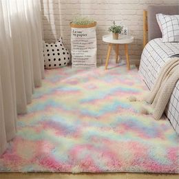 Carpets Rainbow Carpet Gradient Tie-dye Plush Rug Living Room Coffee Table Pad Carpet Bedroom Bedside Bay Window Rug Baby Crawling Mat R230725