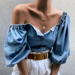 Women's Blouses Vintage Button Down Denim Shirts Casual Off Shoulder Half Lantern Sleeve Loose Pullover Top Street Wear