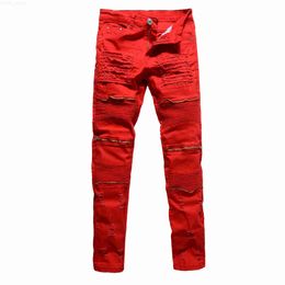 Men's Fashion Mens Broken Skinny Denim Pants Hot Sale Zipper Decorated Hole Jeans Free Shipping Asian Size L230724