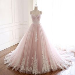 Fairy Spaghetti Straps Light Pink Prom Dresses Ball Gown Beading Tulle Party Dress White Lace Appliques Lace Up Back Elegant Eveni261D