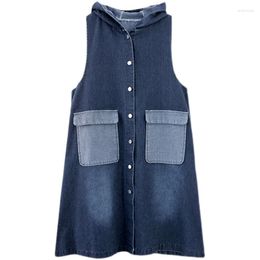 Women's Trench Coats SuperAen Hooded Panels Vintage Denim Vest Korean Version Of The Plus-size Loose-fitting Over-the-knee Coat