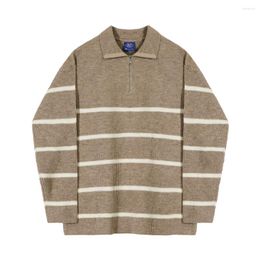 Men's Sweaters 2023 Turn-down Collar Half Zip Knitted Loose Pullover Sweater Striped Oversized Knitwear Casual Cashmere B112