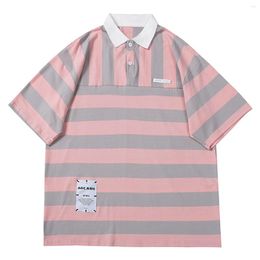 Men's T Shirts Summer Tees Men Women Harajuku LACIBLE Stripe Colour Matching Polo Collar Streetwear Casual Loose Short Sleeve