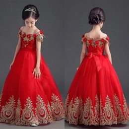 Elegant Red Princess Girls Pageant Dresses Off Shoulder Applique Floor Length Ball Gown Pageant Dresses For Teens Toddler Girls Fl254J