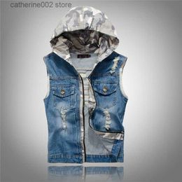 Men's Vests Mens Camouflage Denim Vest Hoodies Biker Motorcycle Jeans Jackets Sleeveless Thin Coats Spring Autumn Clothing High Quality 4XL T230724