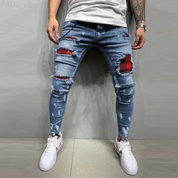 Men's Mens Jeans Skinny Quilted Embroidered jeans Ripped Grid Stretch Denim Pants Man Patchwork Jogging Trousers S4XL 221118 L230724