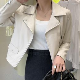 Women's Leather Korean Women Beige Faux Coat Slim Spring Autumn 2023 Casual Lapel Long Sleeve Female Motorcycle Biker Jacket Veste Femme