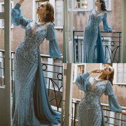 Luxury Mermaid Prom Dresses V Neck Lace Beaded Long Sleeve Evening Gowns With Detachable Train Custom Made Robes De Soiree295C