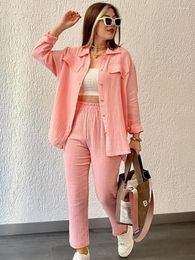 Women's Two Piece Pants Fashion Casual Solid Women Long Sets 2023 Summer Loose Pocket Single Breasted Elegant Set Breathable Outfits
