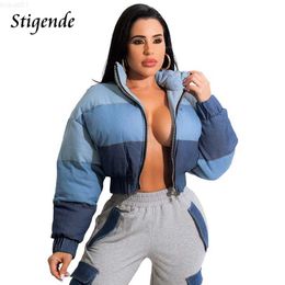 Women's Jackets Stigende Women Patchwork Parka Puffer Coat Outwear Gradient Colour Parkas Jacket Winter Warm Loose Zipper Striped Denim Crop Top L230724