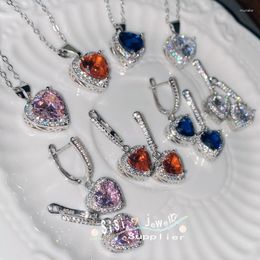 Necklace Earrings Set Sisi Bright Princess Pink Jewel Ear Buckle Women Plated 18K Gold Sea Blue Colour Treasure Zircon Sparkling