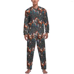 Men's Sleepwear Nordic Horse Pyjamas Long-Sleeve Vintage Animal 2 Pieces Casual Set Spring Men Design Kawaii Nightwear