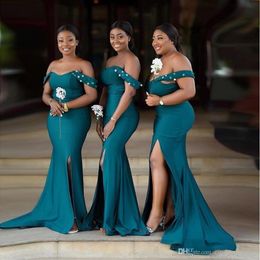 African Hunter Green Sexy Mermaid Bridesmaid Dresses Off Shoulder High Split Side Long Evening Gowns Plus Size Maid Of Honour Prom 296C