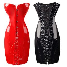 Sexy Skirt Women Sleeveless Red Black Pvc Leather Dress Latex Erotic Club Bandage Costumes Lace Up Strapless Sheath Hollow Out Y18261h