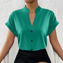 Women's Blouses Single-breasted Women Shirt Silky Smooth V-neck Blouse Elegant Stand Collar Short Sleeve For Formal Business Ol Commute