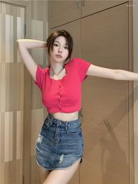 Women's Tanks Pink Clothes Square Neck Short-sleeved Sweater 2023 Summer Slimming Crop Top Women